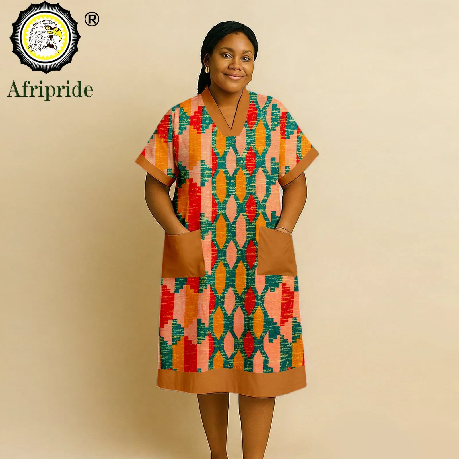 African Dresses for Women Short Sleeve V-Neck High Waist Pocket Elegant Fashion Ankara Attire Floral Printed Dresses 2625032