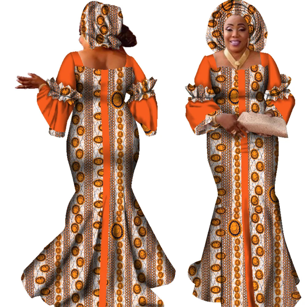 African Dresses for Women Fashion Design New African Bazin Fashion Design Dress Long Dress with Scarf African Clothes WY2347