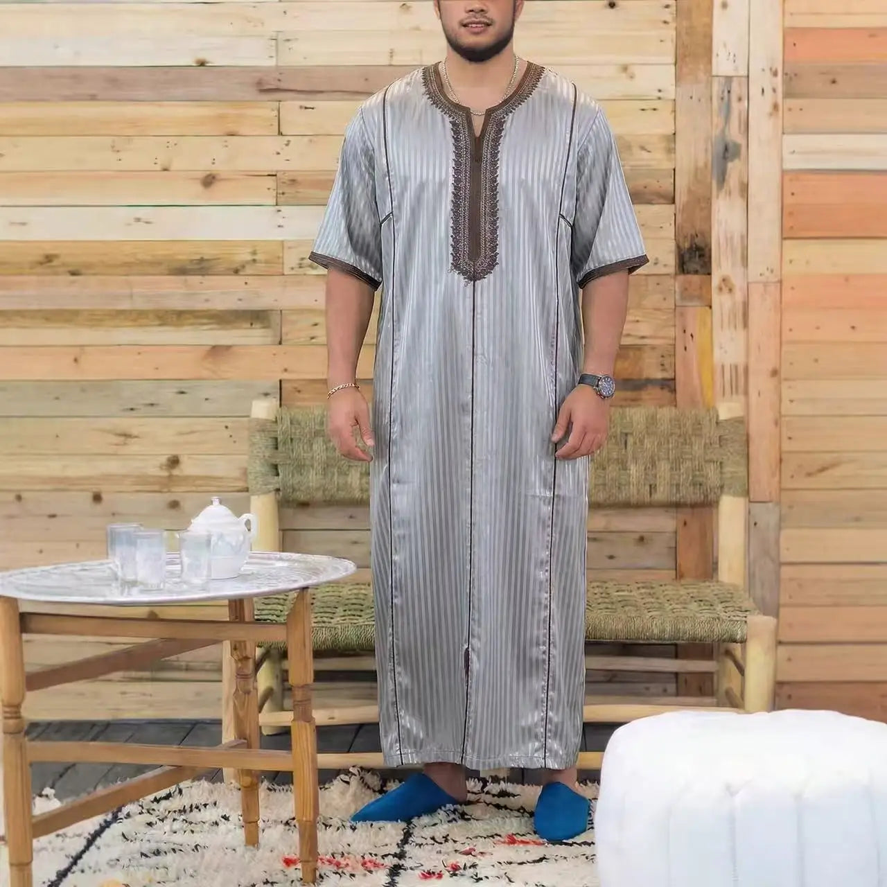 Gandoura marocaine pour hommes musulmans, thobe ample à manches courtes, broderie magnifique, vêtements traditionnels islamiques confortables pour hommes, pour les fêtes