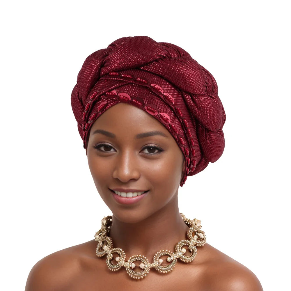 Auto Gele-Turban Africain pour Femme Musulmane, Cravate de Sauna, Chapeau Rond Plissé, Hijab Aso Oke NigWin, Foulard de Tête