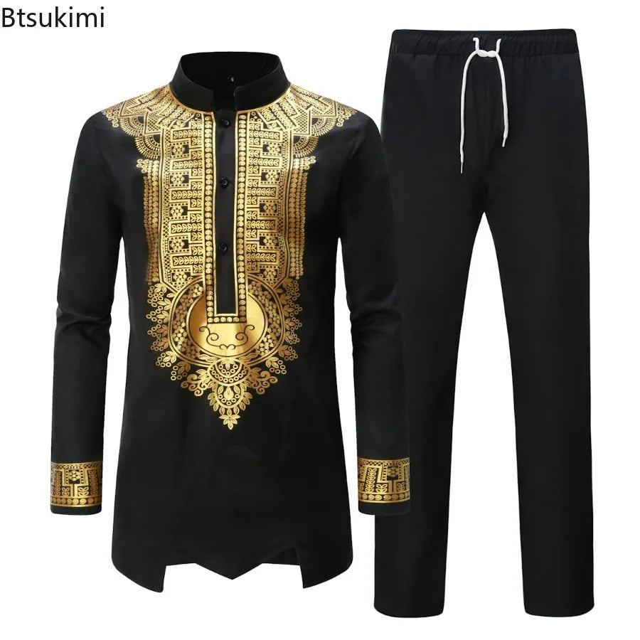 Vêtements traditionnels pour hommes, ensembles africains deux pièces, chemises à manches longues à col montant imprimées, pantalons, streetwear 2026, tenue ethnique africaine